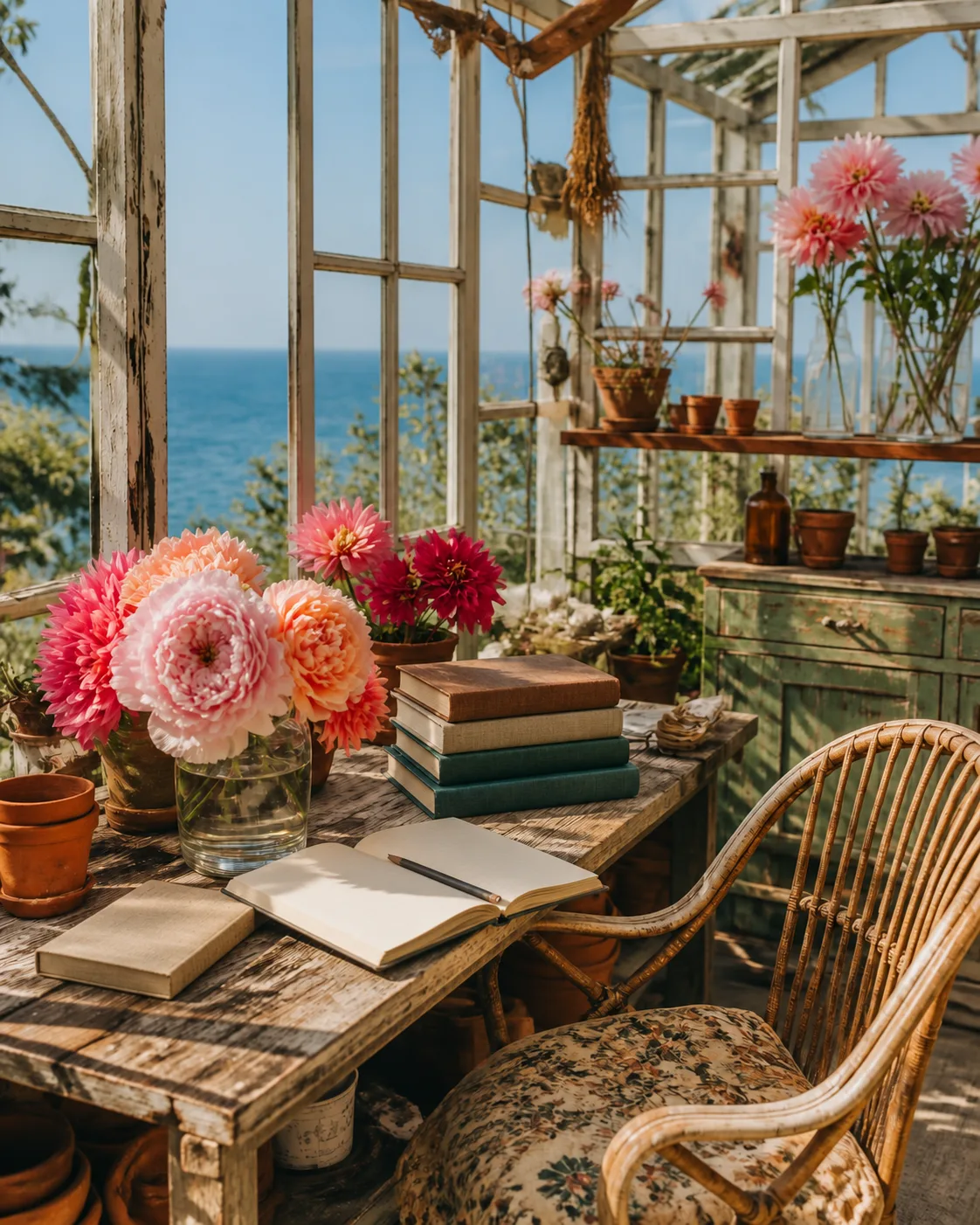 A sunlit greenhouse studio above the sea: dahlia flowers, plain cloth-covered books, and a blank open notebook with a pencil